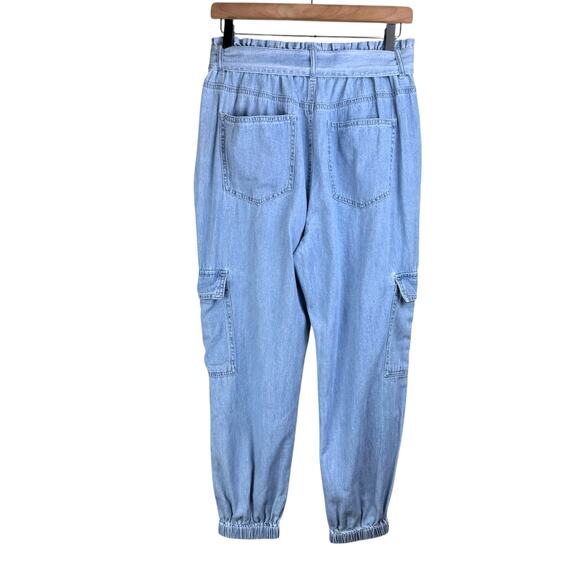 TGLA Light Wash Chambray Blue High Paperbag Waist Belted Cargo Pocket Joggers - Picture 2 of 10